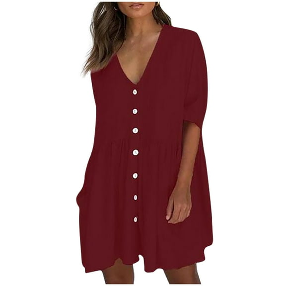 Usmixi Summer Dresses for Women Plus Size Cotton Linen Button Down Pleated Swing Tunic Dresses 2023 Casual Short Sleeve V-Neck Plain Mini Dress Red l
