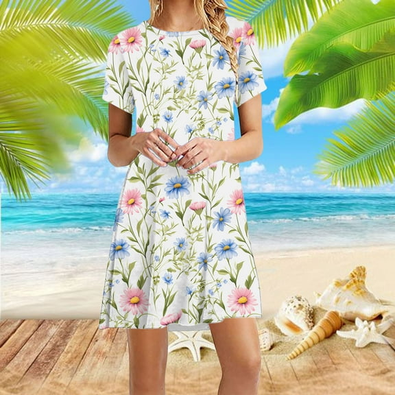 Usmixi Summer Dresses for Women Short Sleeve Crewneck Butterfly Print Mini Sun Dress Casual Flowy Swing Tunic T-Shirt Dresses Purple XL