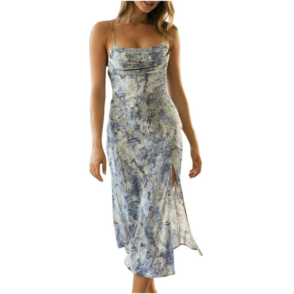 Usmixi Summer Dresses for Women Sleeveless Crewneck Floral Print Long Sun Dress Evening Party Prom Sexy Slit Slim Cami Dresses Blue XXL