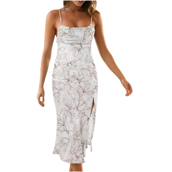 Usmixi Summer Dresses for Women Sleeveless Crewneck Floral Print Long Sun Dress Evening Party Prom Sexy Slit Slim Cami Dresses White M