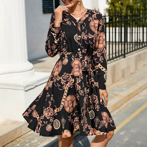 Usmixi Summer Dresses for Women Tie Waist Ruffle Swing A-line Vintage Midi Dresses Long Sleeve V-Neck Leopard Print Knee-Length Sun Dress Black L