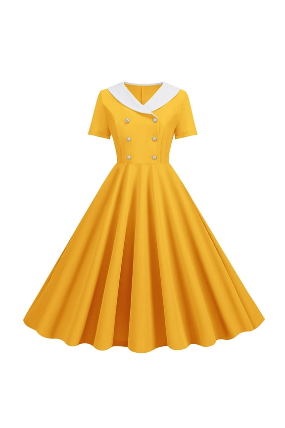 Usmixi Formal Dresses for Women Vintage Medieval Court Pleated Swing Party Prom Formal Dress V-Neck Short Sleeve Solid Summer Midi Dresses Yellow L Clothes