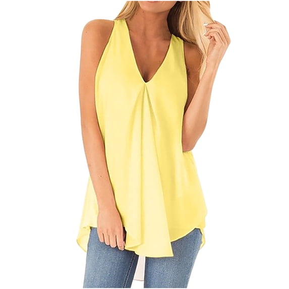 Usmixi Summer Tank Tops Solid V-Neck Sleeveless T Shirts for Women Ladies Casual Plus Size Swing Tunic Vest Blouses Yellow xl Clearance Under $5
