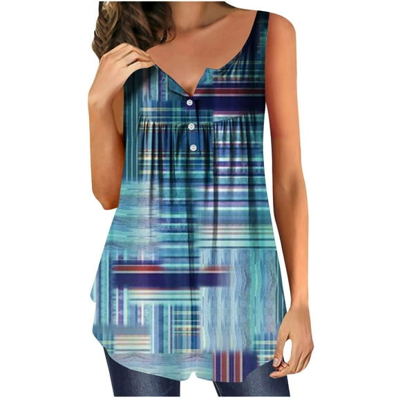 Usmixi Summer Tank Tops Western Print V-Neck Sleeveless T Shirts for Women Vintage Graphics Button Pleated Swing Henley Shirt Lightweight Tunic Blouse Vest Light Blue xxl Under $5