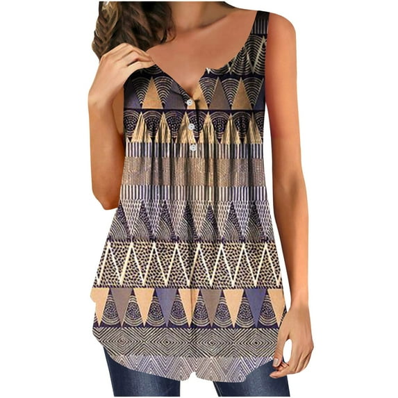 Usmixi Summer Tank Tops Western Print V-Neck Sleeveless T Shirts for Women Vintage Graphics Button Pleated Swing Henley Shirt Lightweight Tunic Blouse Vest Brown xxl Under $5