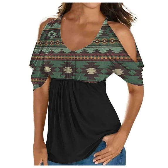 Usmixi Summer Tee Shirt for Women Women's Cold Shoulder Tops Empire Waist Top Western Ethnic Diamond Print Short Sleeve Shirts Casual Blouses Tunics Army Green m