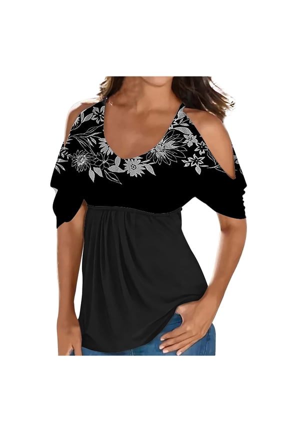 Usmixi Summer Tee Shirt for Women Women's Cold Shoulder Tops Empire Waist Top Western Ethnic Diamond Print Short Sleeve Shirts Casual Blouses Tunics Black l