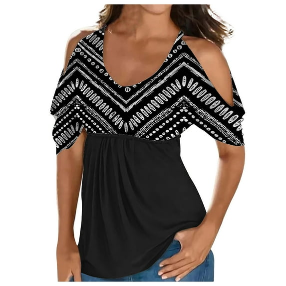 Usmixi Summer Tee Shirt for Women Women's Cold Shoulder Tops Empire Waist Top Western Ethnic Diamond Print Short Sleeve Shirts Casual Blouses Tunics Black XXXL