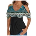 thumbnail image 1 of Usmixi Summer Tee Shirt for Women Women's Cold Shoulder Tops Empire Waist Top Western Ethnic Diamond Print Short Sleeve Shirts Casual Blouses Tunics Blue XXXXL, 1 of 5