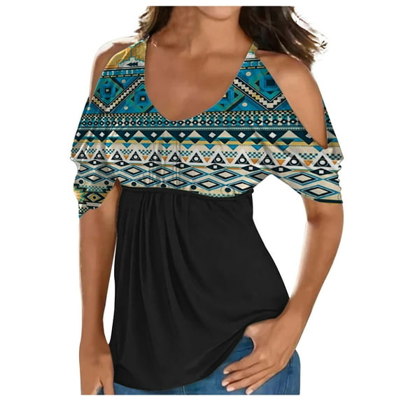 Usmixi Summer Tee Shirt for Women Women's Cold Shoulder Tops Empire Waist Top Western Ethnic Diamond Print Short Sleeve Shirts Casual Blouses Tunics Blue s