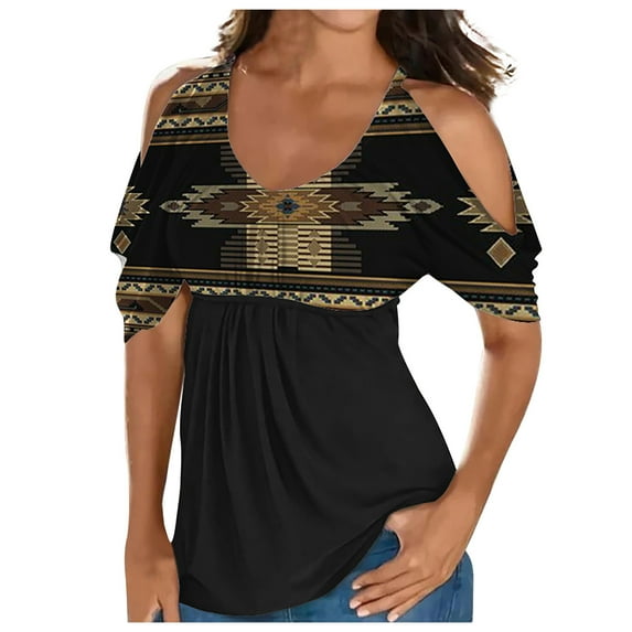 Usmixi Summer Tee Shirt for Women Women's Cold Shoulder Tops Empire Waist Top Western Ethnic Diamond Print Short Sleeve Shirts Casual Blouses Tunics Brown XL
