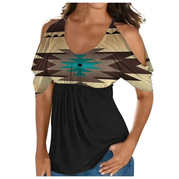 Usmixi Summer Tee Shirt for Women Women's Cold Shoulder Tops Empire Waist Top Western Ethnic Diamond Print Short Sleeve Shirts Casual Blouses Tunics Brown XXL
