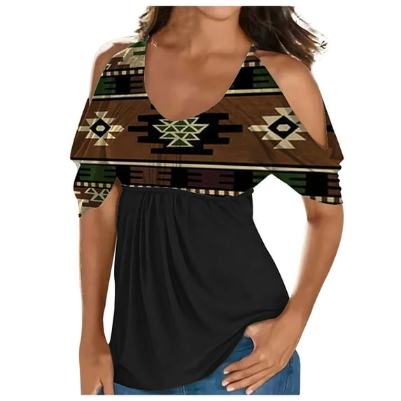 Usmixi Summer Tee Shirt for Women Women's Cold Shoulder Tops Empire Waist Top Western Ethnic Diamond Print Short Sleeve Shirts Casual Blouses Tunics Coffee m