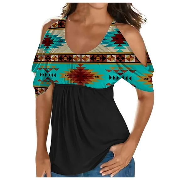 Usmixi Summer Tee Shirt for Women Women's Cold Shoulder Tops Empire Waist Top Western Ethnic Diamond Print Short Sleeve Shirts Casual Blouses Tunics Mint Green XXXXL