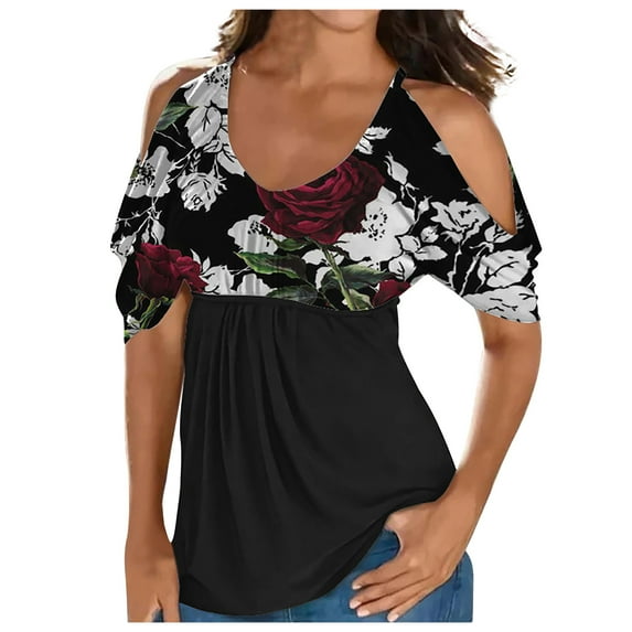 Usmixi Summer Tee Shirt for Women Women's Cold Shoulder Tops Empire Waist Top Western Ethnic Diamond Print Short Sleeve Shirts Casual Blouses Tunics Multicolor m