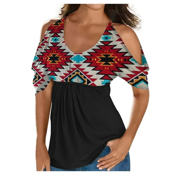 Usmixi Summer Tee Shirt for Women Women's Cold Shoulder Tops Empire Waist Top Western Ethnic Diamond Print Short Sleeve Shirts Casual Blouses Tunics Red l