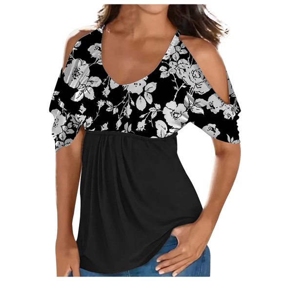 Usmixi Summer Tee Shirt for Women Women's Cold Shoulder Tops Empire Waist Top Western Ethnic Diamond Print Short Sleeve Shirts Casual Blouses Tunics White XL