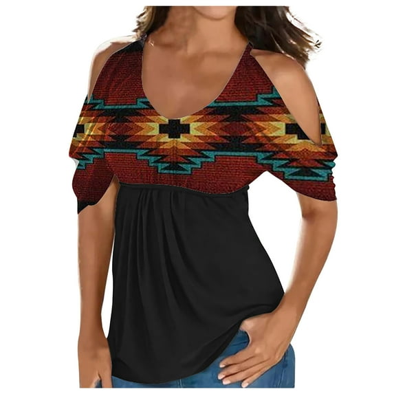 Usmixi Summer Tee Shirt for Women Women's Cold Shoulder Tops Empire Waist Top Western Ethnic Diamond Print Short Sleeve Shirts Casual Blouses Tunics Wine XXXL