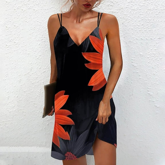 Usmixi Sundresses for Women Sleeveless V-Neck Feather Print Short Dresses Beach Slim Spaghetti Strap Tunic Mini Sun Summer Dress Red xl Clothes