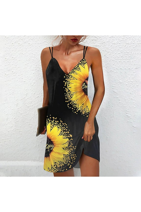 Usmixi Sundresses for Women Sleeveless V-Neck Feather Print Short Dresses Beach Slim Spaghetti Strap Tunic Mini Sun Summer Dress Yellow l