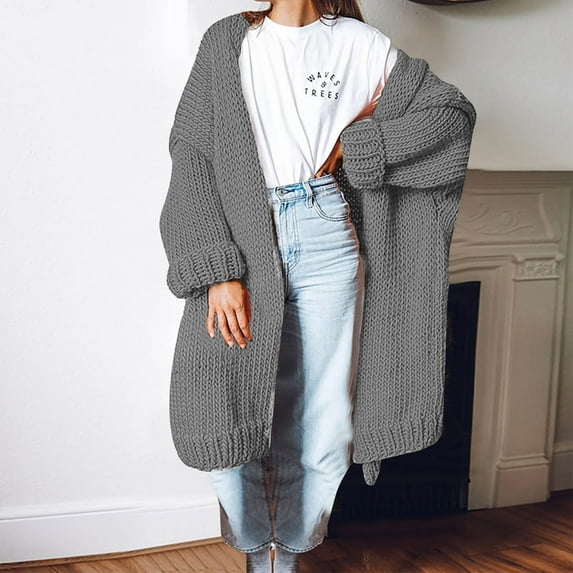 Usmixi Sweater Coats for Women Womens Sweater Cardigan Plus Size Loose Casual Solid Open Front Coats Winter Long Sleeve Stand Neck Knitted Cotton Long Sweater Coats