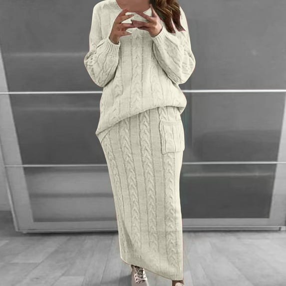 Usmixi Sweater Outfits Set for Women Womens Sweater Lounge Sets Fall Winter Cozy Knitted Pullover Sweater and Skirt Sets with Pocket Casual Solid Skirt 2 Piece Sets Loungewear Set Under $10