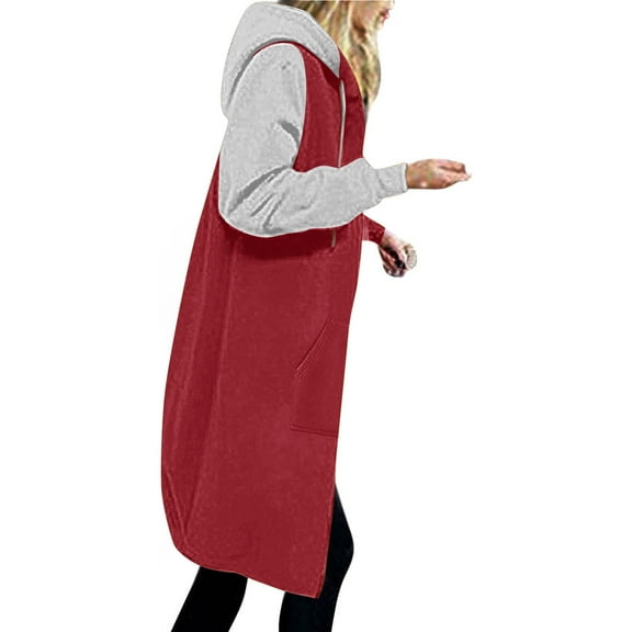 Usmixi Sweatshirt Coat for Women Long Coat for Women Fashion Color Patchwork Drawstring Hooded Sweater Outwear Pocket Open Front Zipper Padded Fleece Overcoat Winter Sweatshirt Coat