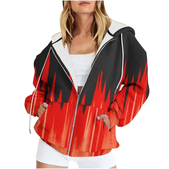 wycnly Sweatshirt Coat for Women Winter Hoodies Coat for Women Fashion Flame Print Zip up Drawstring Hooded Sweatshirt Coat Fall Lightweight Plus Size Outerwear Jacket with Pocket Weekly