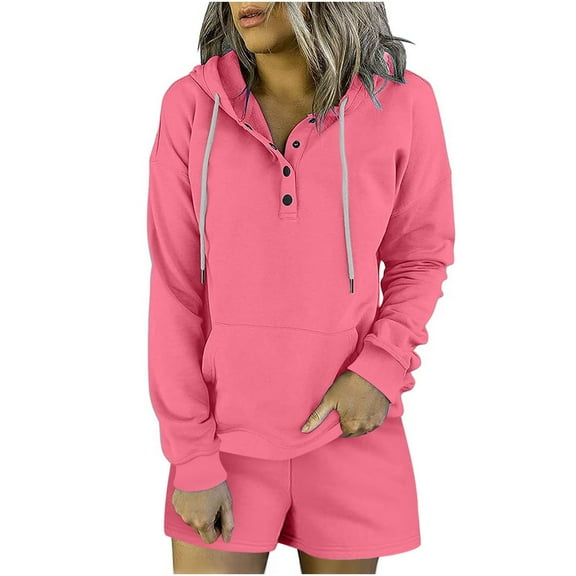 Womens Sweatsuits Set 2 Piece Outfits for Women Fashion Drawstring Button Hoodies Sweatshirt Shorts Lounge Sets Casual Solid Sports Hooded Tracksuit Sets with Pocket