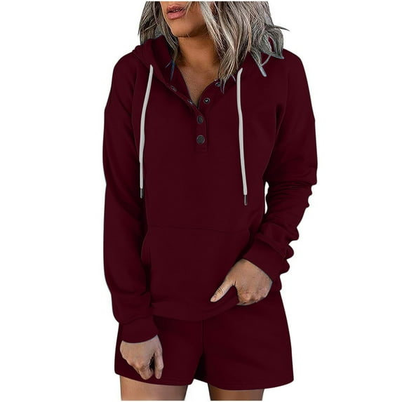 Usmixi Sweatsuits Set for Women 2 Piece Outfits for Women Fashion Drawstring Button Hoodies Sweatshirt Shorts Lounge Sets Casual Solid Sports Hooded Tracksuit Sets with Pocket Under $10