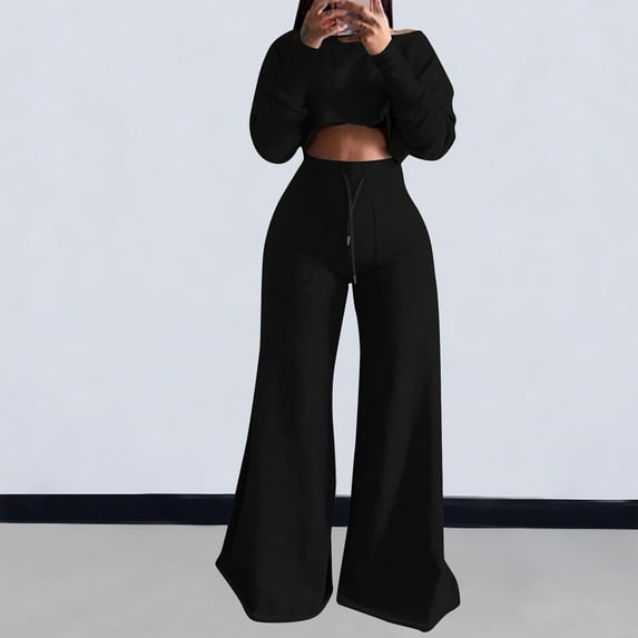 Usmixi Sweatsuits Set for Women Cropped Sweatshirt 2 Piece Outfit Sets for Women Long Sleeve Pullover and Drawstring Long Palazzo Pants Lounge Sets Casual Solid Tracksuit Sets Under $10