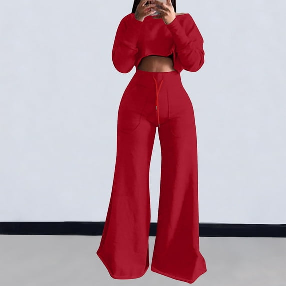 Usmixi Sweatsuits Set for Women Cropped Sweatshirt 2 Piece Outfit Sets for Women Long Sleeve Pullover and Drawstring Long Palazzo Pants Lounge Sets Casual Solid Tracksuit Sets Under $10