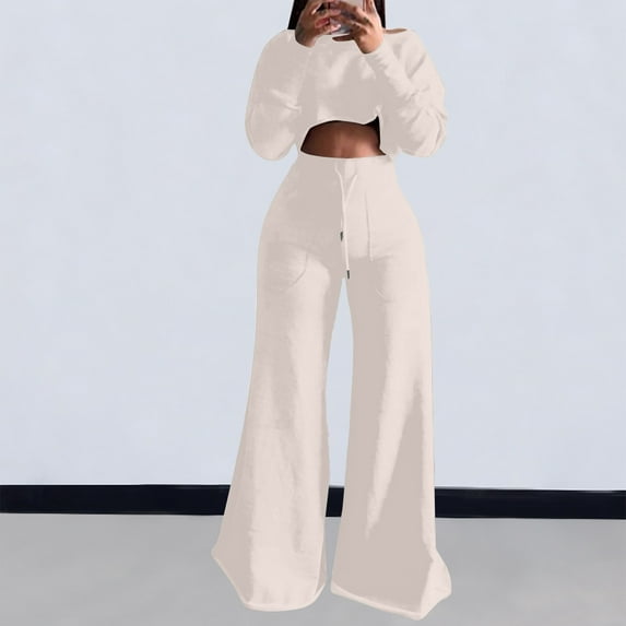 Usmixi Sweatsuits Set for Women Cropped Sweatshirt 2 Piece Outfit Sets for Women Long Sleeve Pullover and Drawstring Long Palazzo Pants Lounge Sets Casual Solid Tracksuit Sets Under $10