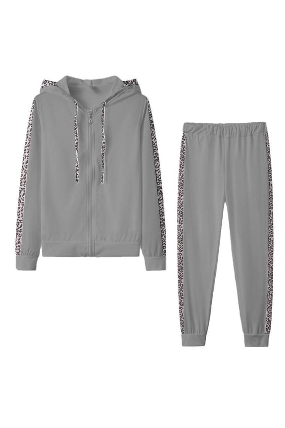 Usmixi Sweatsuits Set for Women Hooded Coat Lounge Sets for Women Vintage Leopard Plus Size 2 Piece Outfits Open Front Zip Hoodies Sweatshirt Pocket Jogger Pant Matching Set Holiday