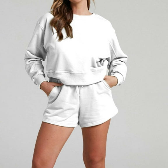Usmixi Sweatsuits Set for Women Sweatshirt 2 Piece Outfit for Women Sports Long Sleeve Pullover and Drawstring Shorts Tracksuit Sets with Pocket Girls Homewear Lounge Sets Under $10