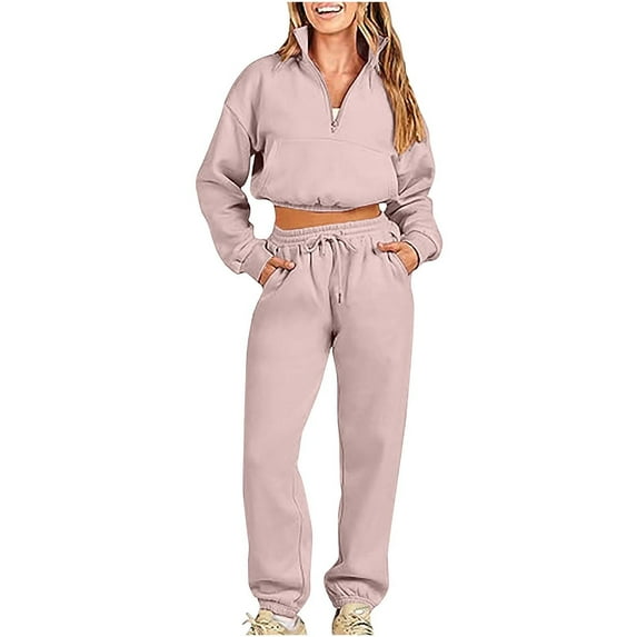 wycnly Sweatsuits Set for Women Womens Half Zip Cropped Sweatshirt Lounge Sets Casual Long Sleeve Pullover Drawstring Jogger Pants 2 Piece Outfits Sports Running Tracksuits Sets Under $10