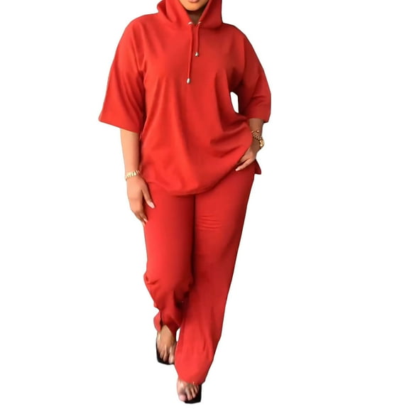 Usmixi Sweatsuits Set for Women Womens Pullover Hoodies Top 2 Piece Sets Casual Solid Drawstring 3/4 Sleeve Hooded Top and Long Pant Lounge Sets Ladies Homewear Pajamas Sets Under $10