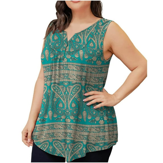 Usmixi Tank Top for Women Western Print V-Neck Sleeveless T Shirts Button Down Plus Size Casual Tunic Vest Blouse Green XXXXL Up to 65% off