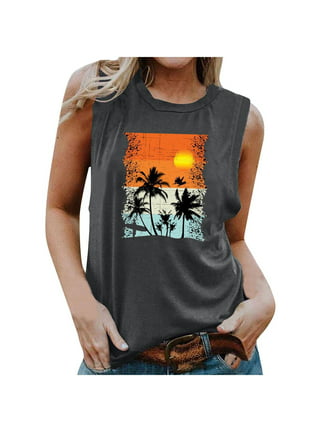 RQYYD Clearance Womens Crew Neck Tank Tops Summer Coconut Tree Funny  Graphic Print Top Casual Sleeveless Hawaiian Cami Shirts Blouses(2#Wine,L)  