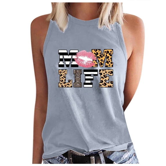 Usmixi Tank Tops Mom Life Letter Graphics Round Neck Sleeveless T Shirts for Women Mother's Day Fashion Loose Breathable Vest Blouses Gray M Clothes