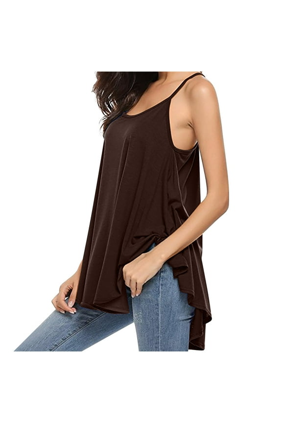 Usmixi Tank Tops for Women Loose Flowy Swing Spaghetti Strap Vest Camisole Tops Summer Solid Crewneck Sleeveless Shirts Fashion Blouses Coffee XXL