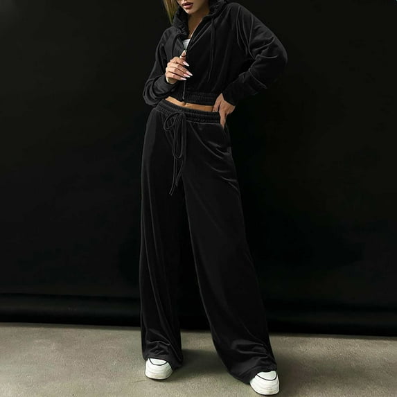Usmixi Tracksuits Set for Women 2 Piece Outfits for Women Fashion Comfy Gold Velvet Zipper Hooded Coat Drawstring Long Pants Ladies Casual Solid Sweatsuits Sets Lounge Sets Under $10