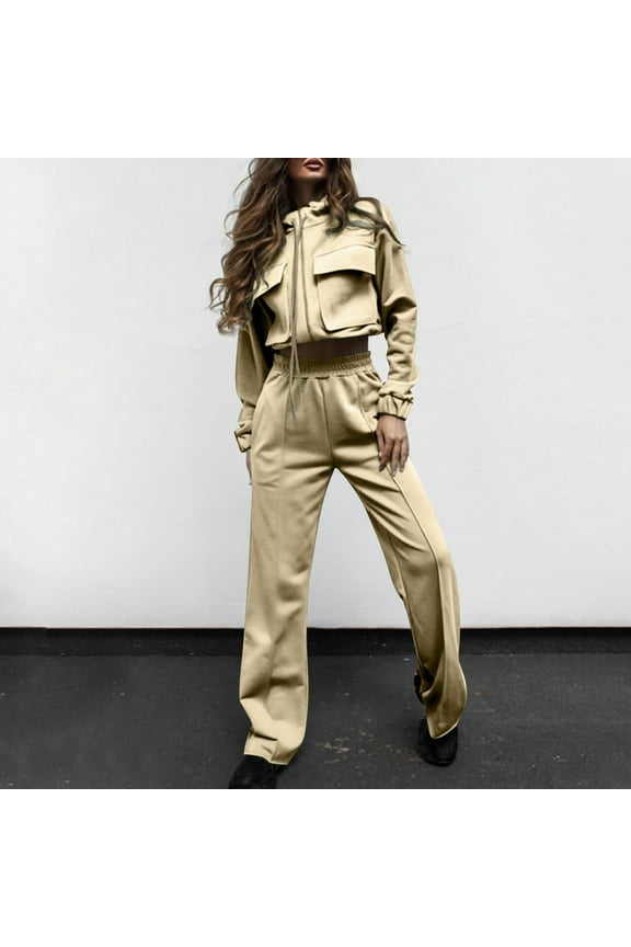 Usmixi Tracksuits Set for Women Womens Cargo Pant 2 Piece Outfit Drawstring Full Zip Cropped Work Jacket and Drawstring Long Pant Lounge Sets Casual Pocket Solid Sweatsuit Set Under $10