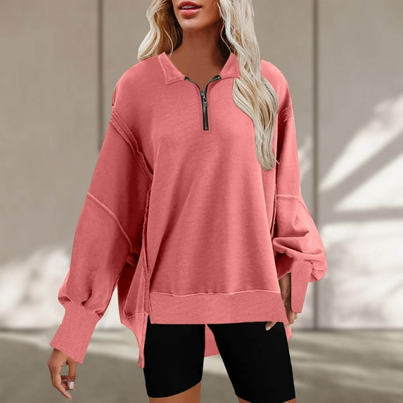 Usmixi Under $5 Sweatshirt for Women Winter Womens Quarter Zip Pullover Sweatshirt Loose Casual Solid Long Sleeve Fall Ladies Tops Fashion Lapel Irregular Hem Oversized Sweatshirt Flash Deals