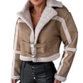 thumbnail image 1 of Usmixi 2023 Bomber Jacket for Women Lamb Plush Faux Leather Patchwork Jacket Women Fashion Motorcycle Style Coats Open Front Lapel Soft Fleece Lined Outwear Winter Bomber Jacket, 1 of 3