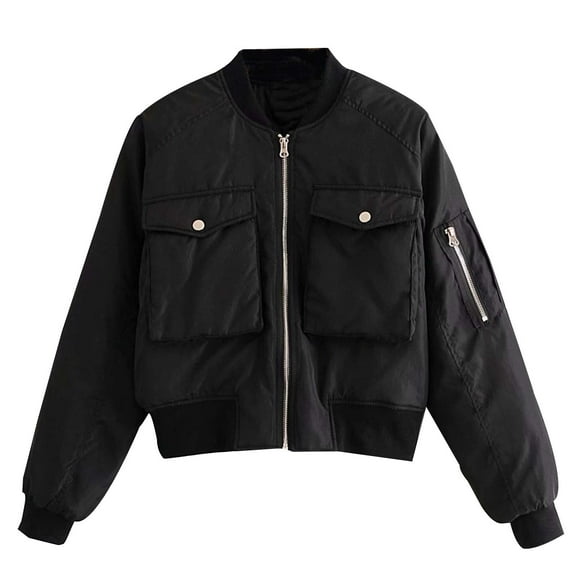 Usmixi 2025 Bomber Jacket for Women Womens Baseball Coats Fashion Street Style Full Zipper Bottom Bomber Coats Casual Solid Long Sleeve Pocket Varsity Outwear Winter Bomber Jacket