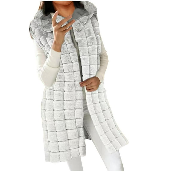 Usmixi 2023 Faux Fur Vest for Women Fuzzy Fleece Vest Coats for Women Plus Size Sleeveless Hooded Overcoat Casual Solid Open Front Cozy Fluffy Plush Outerwear Winter Faux Fur Vest