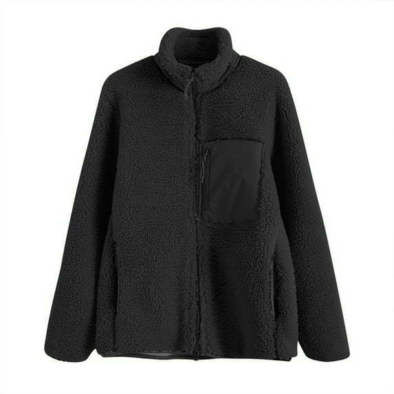 Usmixi 2023 Fleece Coat for Women Lamb Fleece Jacket for Women Fashion Color Block Stand Neck Soft Fuzzy Plush Coat Long Sleeve Full Zipper Pocket Outerwear Winter Fleece Coat