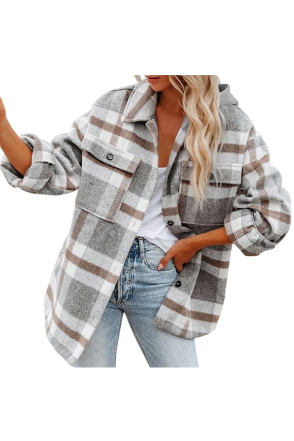 Usmixi 2023 Plaid Jacket for Women Woolen Jacket for Women Loose Button Down Pocket Hooded Shacket Outerwear Long Sleeve Casual Flannel Shirts Coat Winter Plaid Jacket