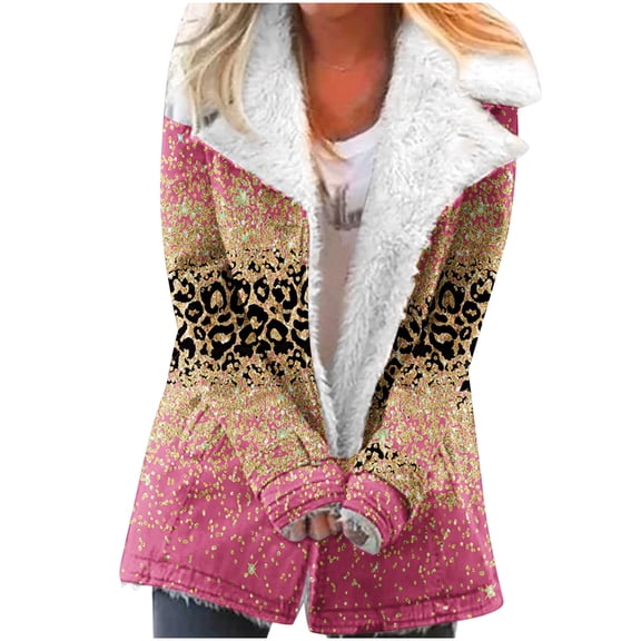 Usmixi 2025 Plush Jacket for Women Womens Plush Coat Vintage Leopard Print Button Loose Lapel Overcoat Warm Thickened Soft Fleece Padded Outerwear with Pocket Winter Plush Jacket